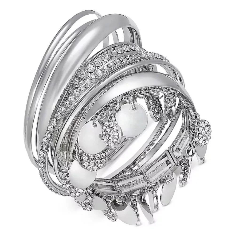 Style & Co 7 Piece Set Crystal & Printed Insert Bangle Bracelets Silver Tone NWT